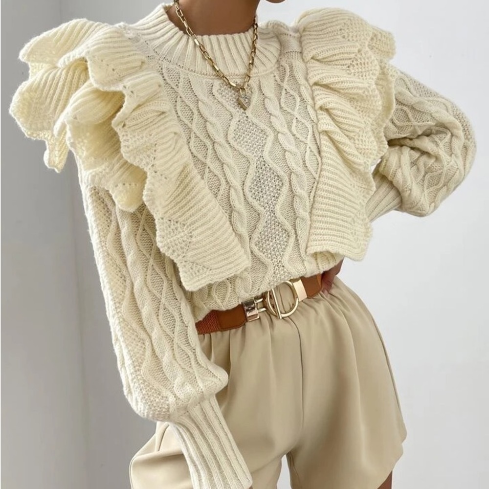 SHEIN cable knit ruffle trim lantern sleeve sweater